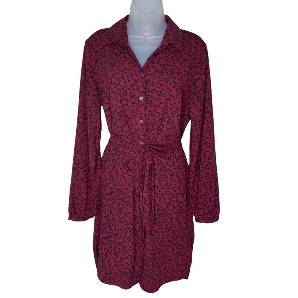 A NEW DAY Burgundy Animal Print Button Front Long Sleeve Dress